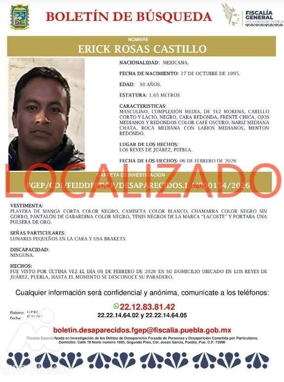 Localizan sano y salvo a Erick Rosas Castillo, joven desaparecido en Los Reyes de Juárez