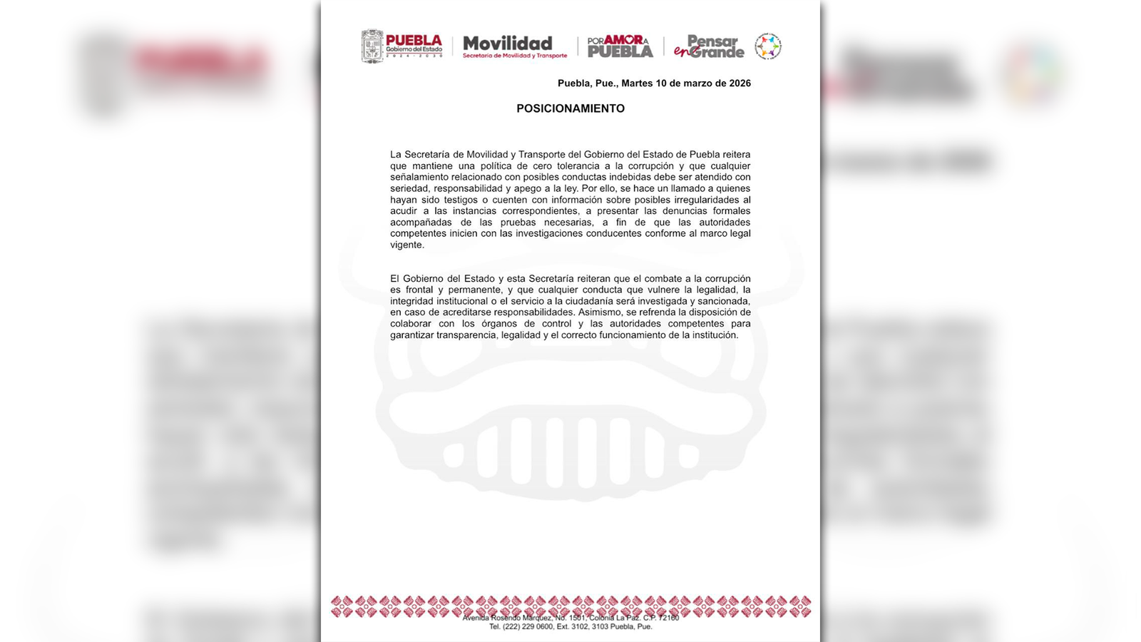 Gobierno de Puebla reitera política de cero tolerancia a la corrupción