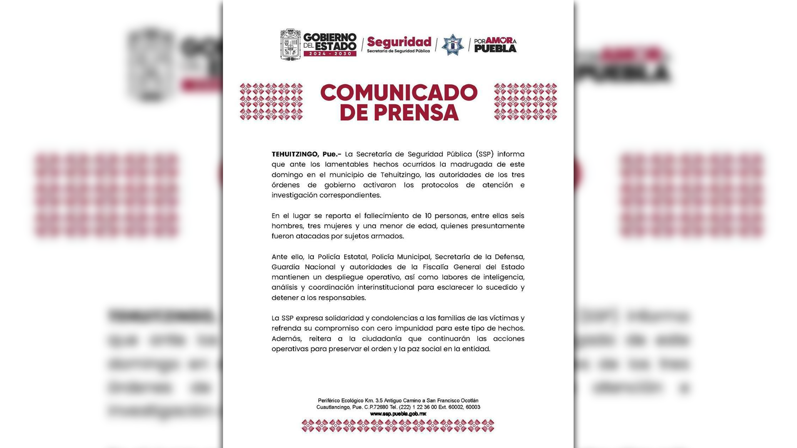SSP se pronuncia ante lo ocurrido en Tehuitzingo