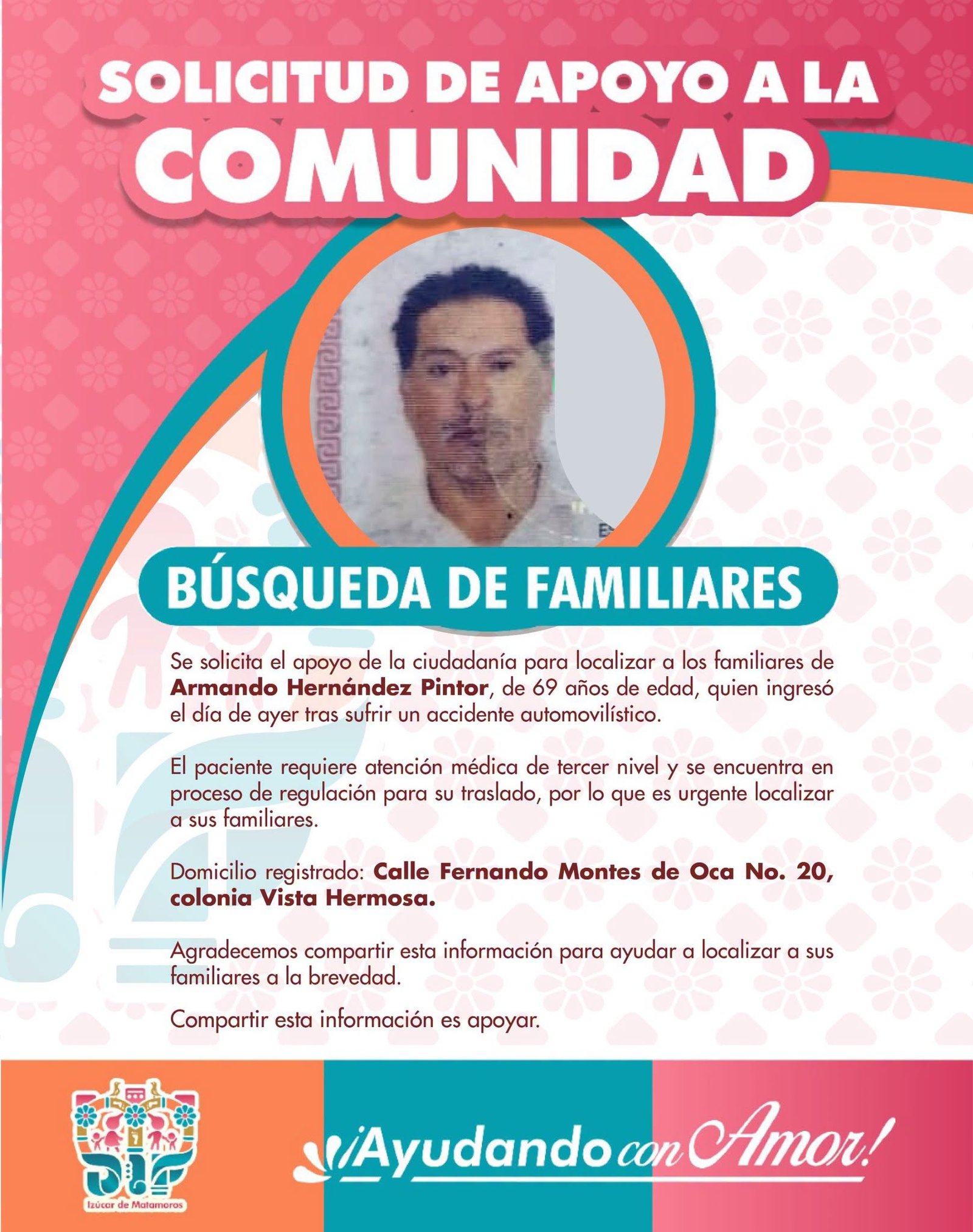 DIF Izúcar busca familiares de accidentado